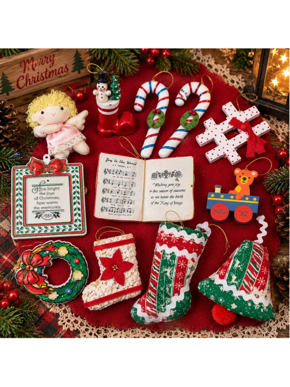 Vintage 1982 Christmas Ornament Lot of 12 Hallmark Wood Fabric Handmade Holiday